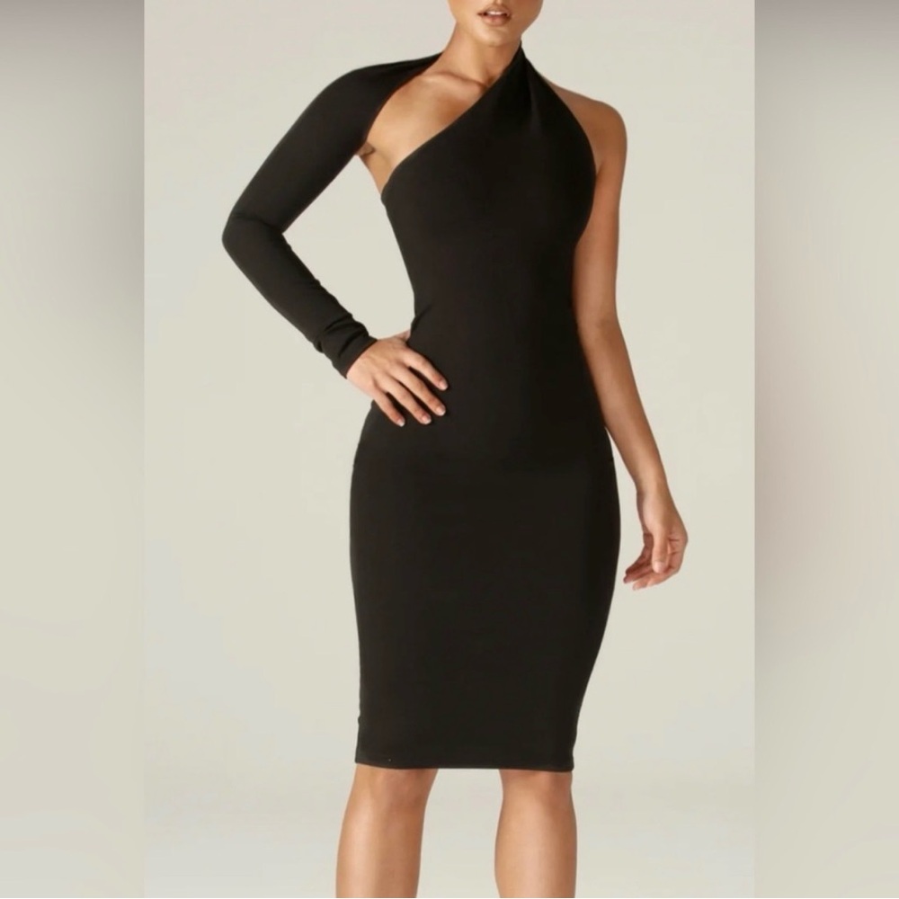 NWT ALIEVA Chic Black Halter One-Shoulder Long Sleeve Midi BodyCon Dress Size M